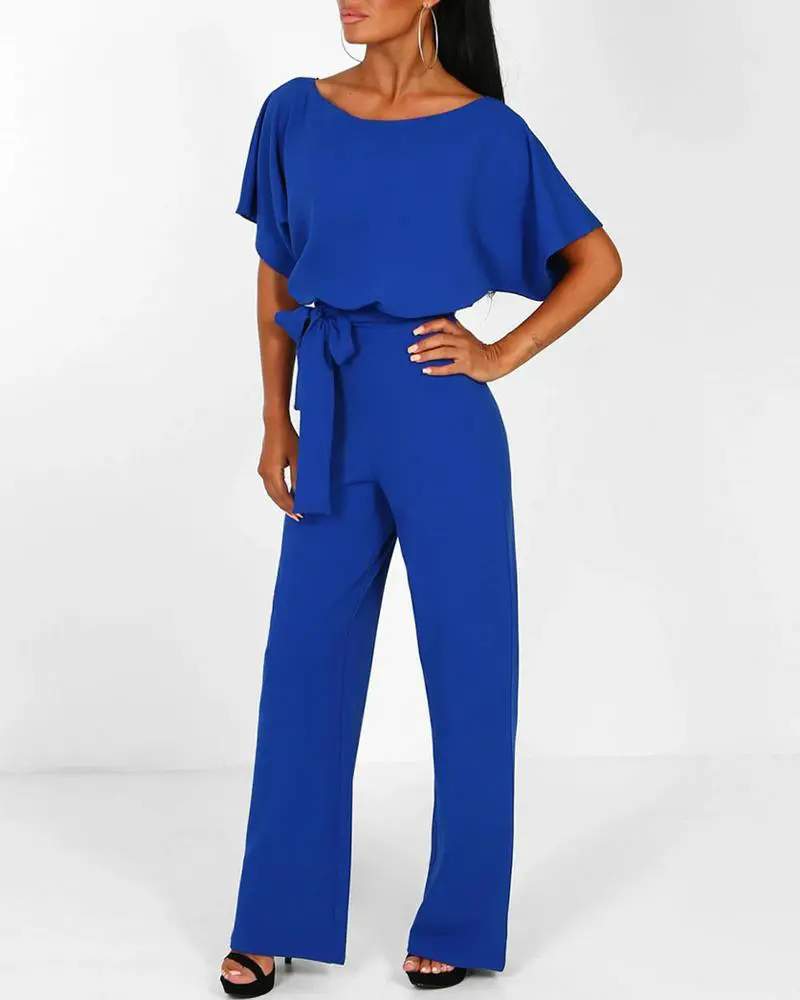 BATWING SLEEVE KEYHOLE BACK BELTED JUMPSUIT