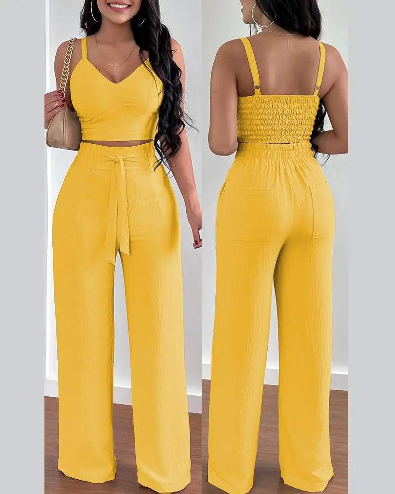 SHIRRED CROP TOP POCKET DESIGN WIDE LEG PANTS SET