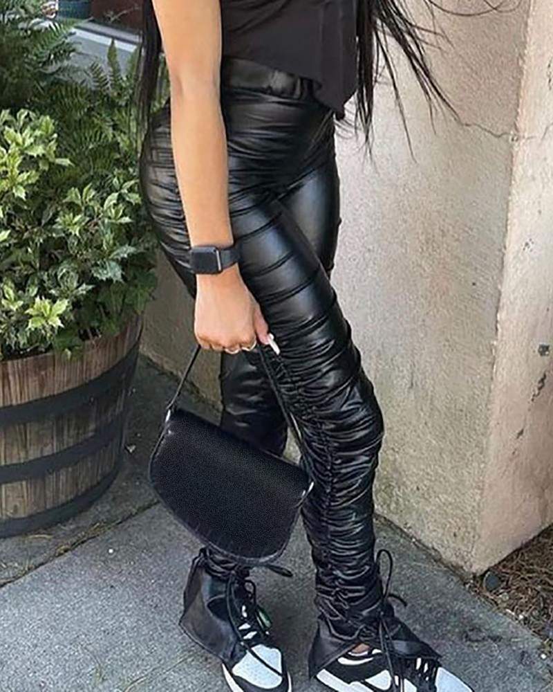 PU Leather Ruched Drawstring High Waist Pants