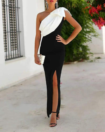 COLORBLOCK ONE SHOULDER SPLIT EVENING DRESS