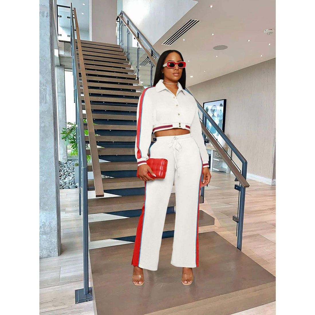 CLOTHES COZY CROPPED JACKET WIDE LEG PANT SET STRIPE COLOR MATCHING CASUAL 2 PIECE SET WOMEN AMERICAN CLOTHING