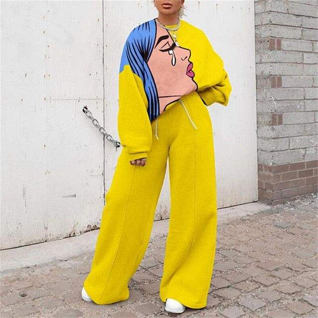 ABSTRACT CARTOON PRINT LONG SLEEVE LOOSE TOP AND WIDE LEG PANTS - Missyess