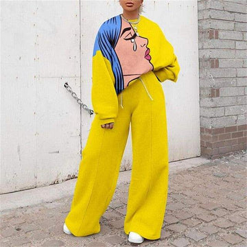 ABSTRACT CARTOON PRINT LONG SLEEVE LOOSE TOP AND WIDE LEG PANTS - Missyess