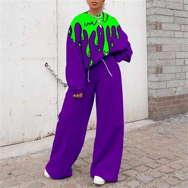 ABSTRACT CARTOON PRINT LONG SLEEVE LOOSE TOP AND WIDE LEG PANTS - Missyess