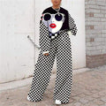 ABSTRACT CARTOON PRINT LONG SLEEVE LOOSE TOP AND WIDE LEG PANTS - Missyess