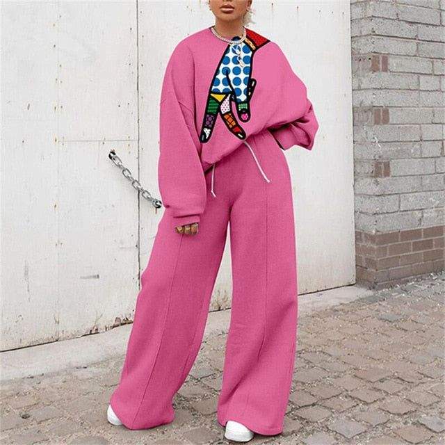 ABSTRACT CARTOON PRINT LONG SLEEVE LOOSE TOP AND WIDE LEG PANTS - Missyess