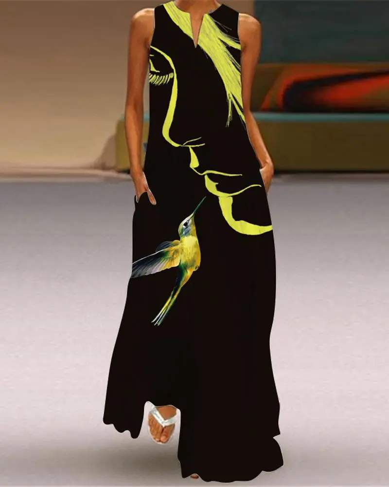 ABSTRACT FIGURE BIRD PRINT SLEEVELESS MAXI DRESS - Missyess