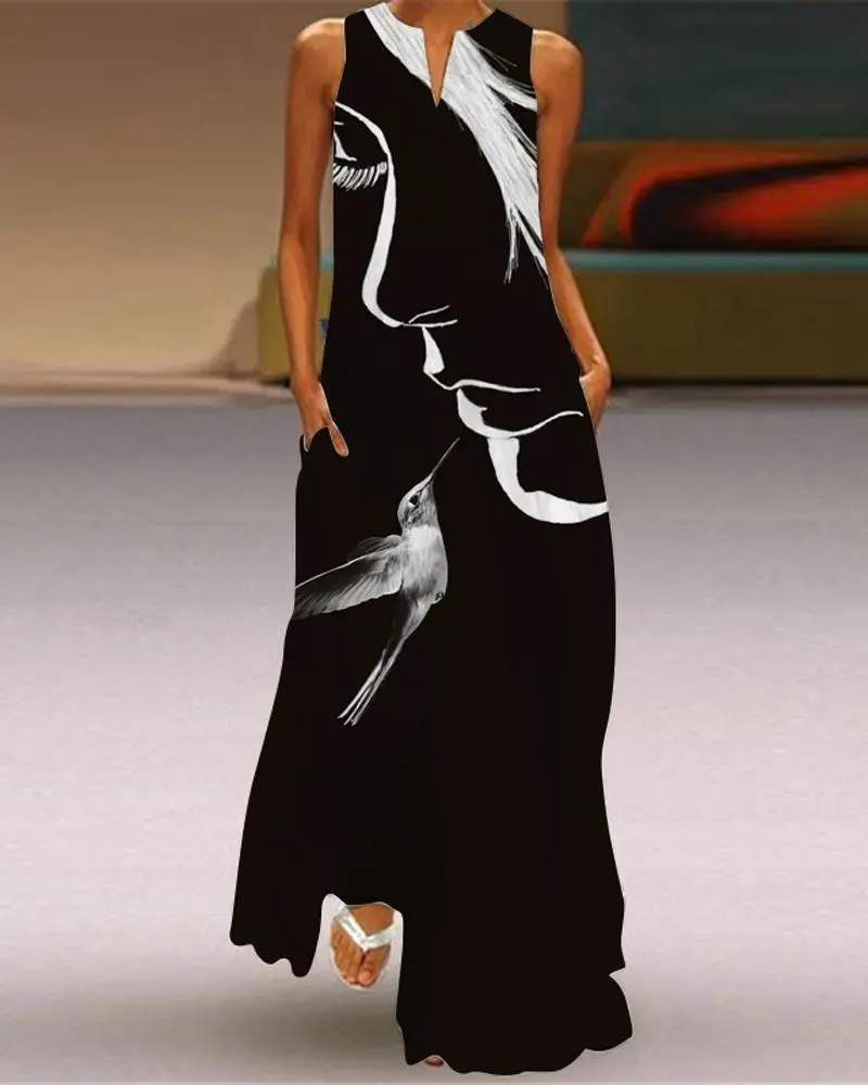 ABSTRACT FIGURE BIRD PRINT SLEEVELESS MAXI DRESS - Missyess