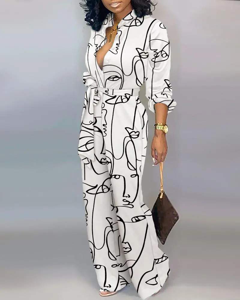 ABSTRACT FIGURE PRINT BUTTON FRONT BELTED JUMPSUIT - Missyess