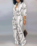 ABSTRACT FIGURE PRINT BUTTON FRONT BELTED JUMPSUIT - Missyess