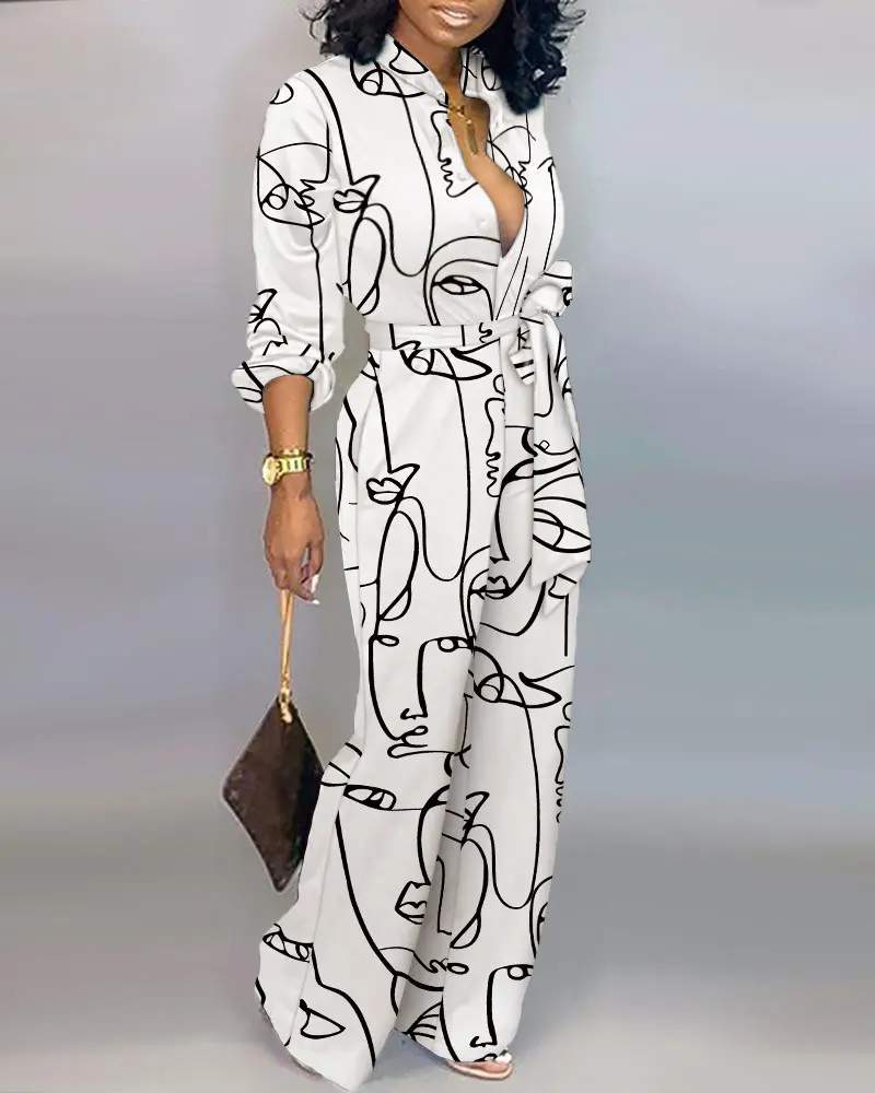 ABSTRACT FIGURE PRINT BUTTON FRONT BELTED JUMPSUIT - Missyess