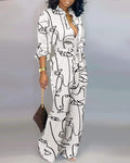 ABSTRACT FIGURE PRINT BUTTON FRONT BELTED JUMPSUIT - Missyess