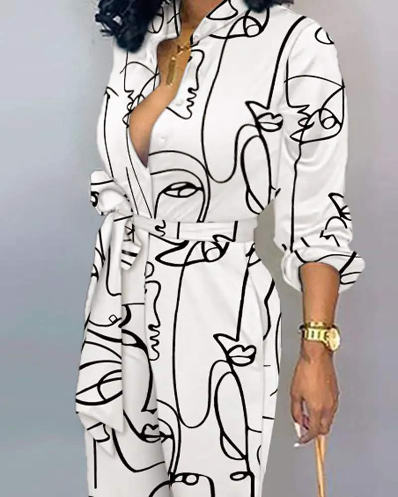 ABSTRACT FIGURE PRINT BUTTON FRONT BELTED JUMPSUIT - Missyess