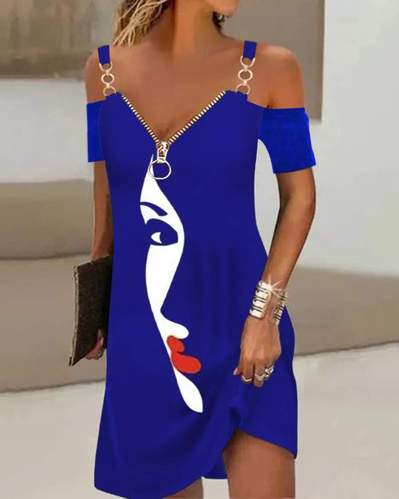 ABSTRACT FIGURE PRINT COLD SHOULDER CASUAL DRESS - Missyess
