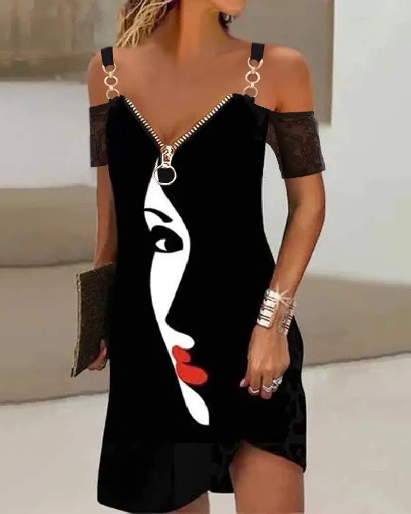 ABSTRACT FIGURE PRINT COLD SHOULDER CASUAL DRESS - Missyess