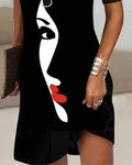 ABSTRACT FIGURE PRINT COLD SHOULDER CASUAL DRESS - Missyess