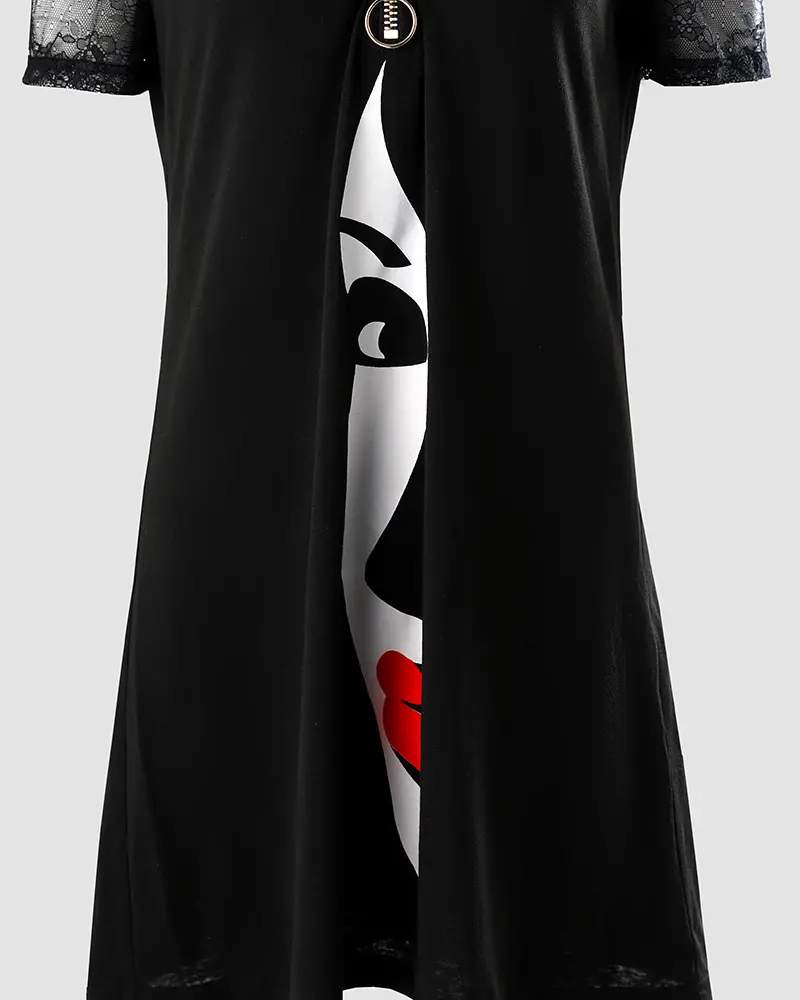 ABSTRACT FIGURE PRINT COLD SHOULDER CASUAL DRESS - Missyess