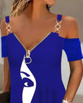 ABSTRACT FIGURE PRINT COLD SHOULDER CASUAL DRESS - Missyess