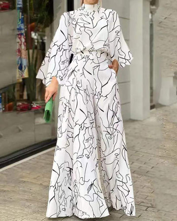 ABSTRACT FIGURE PRINT LONG SLEEVE WIDE LEG JUMPSUIT - Missyess