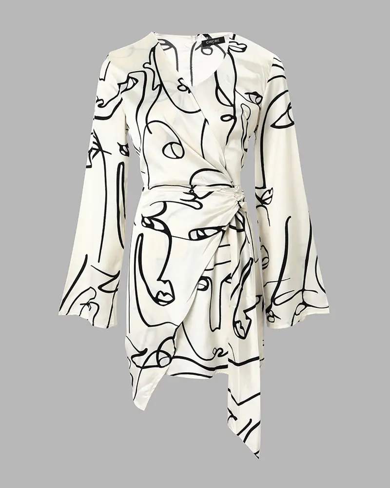 ABSTRACT FIGURE PRINT LONG SLEEVE WRAP DRESS - Missyess
