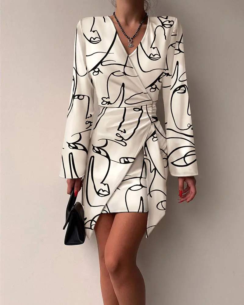 ABSTRACT FIGURE PRINT LONG SLEEVE WRAP DRESS - Missyess