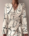 ABSTRACT FIGURE PRINT LONG SLEEVE WRAP DRESS - Missyess