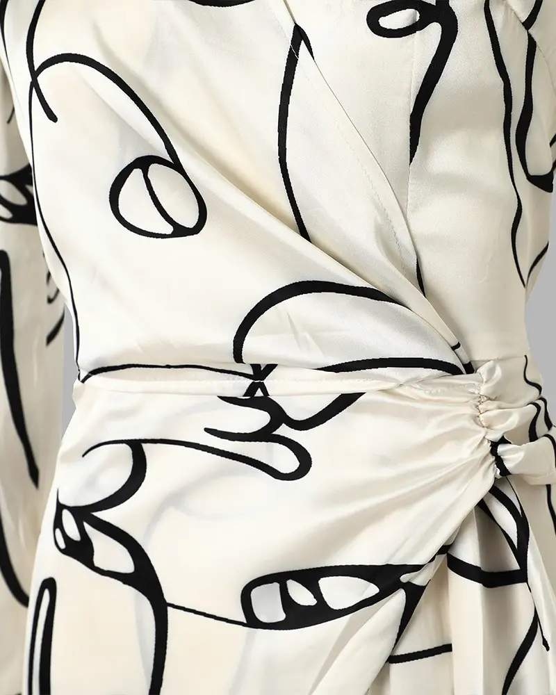 ABSTRACT FIGURE PRINT LONG SLEEVE WRAP DRESS - Missyess