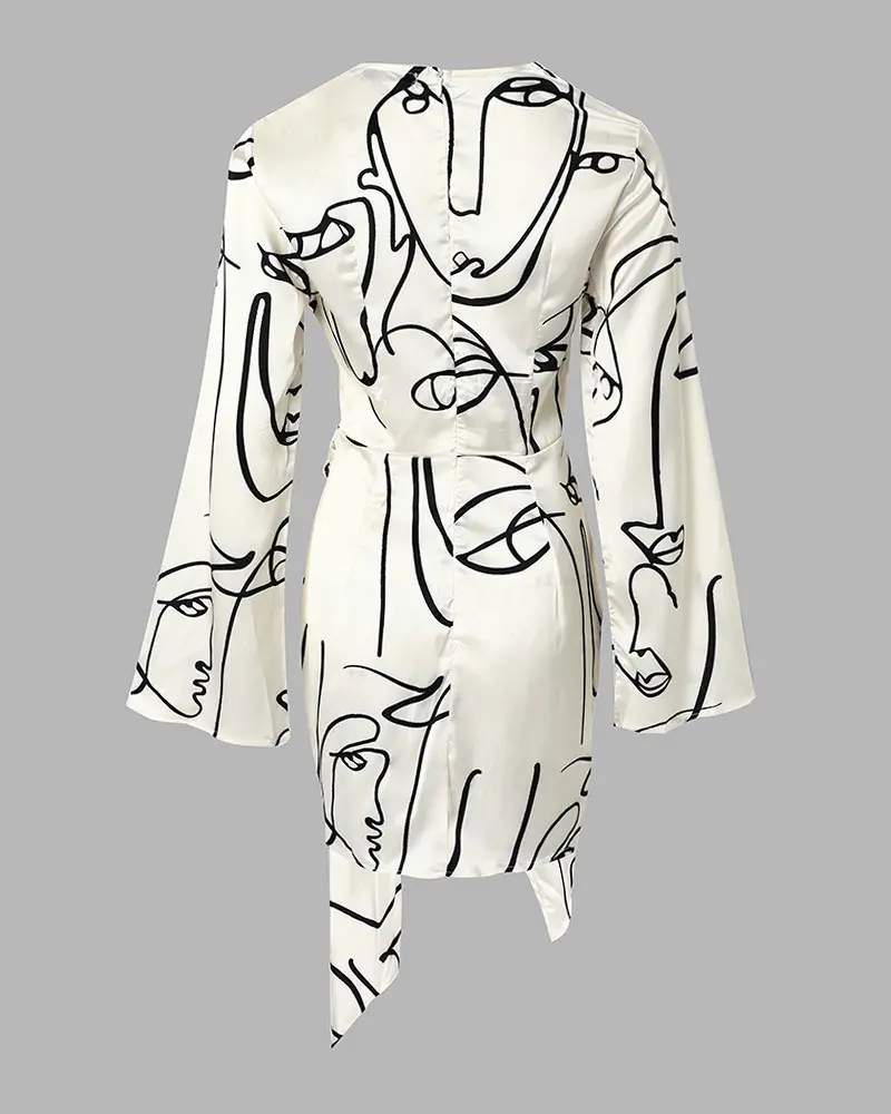 ABSTRACT FIGURE PRINT LONG SLEEVE WRAP DRESS - Missyess