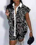 ABSTRACT PRINT BUTTON DOWN ASYMMETRICAL SHIRT SHORTS SET - Missyess