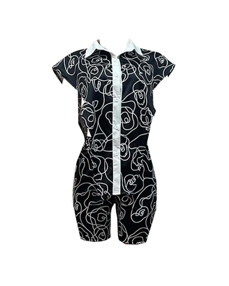 ABSTRACT PRINT BUTTON DOWN ASYMMETRICAL SHIRT SHORTS SET - Missyess