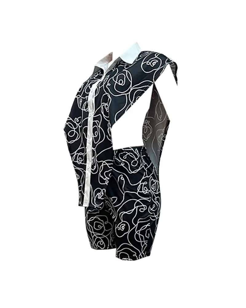 ABSTRACT PRINT BUTTON DOWN ASYMMETRICAL SHIRT SHORTS SET - Missyess