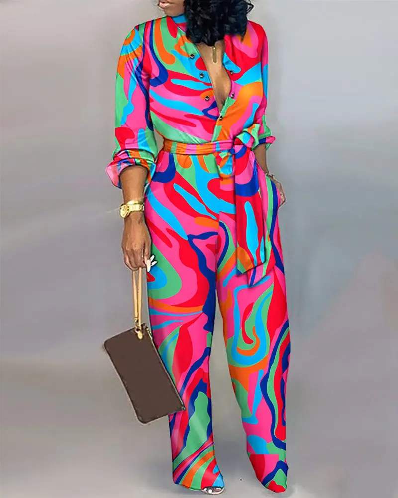 ABSTRACT PRINT BUTTON FRONT BELTED JUMPSUIT - Missyess