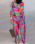 ABSTRACT PRINT BUTTON FRONT BELTED JUMPSUIT - Missyess