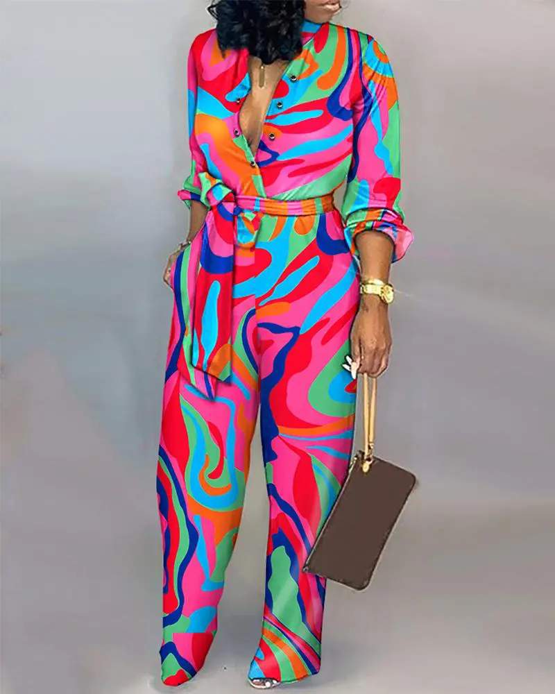 ABSTRACT PRINT BUTTON FRONT BELTED JUMPSUIT - Missyess