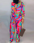 ABSTRACT PRINT BUTTON FRONT BELTED JUMPSUIT - Missyess