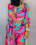 ABSTRACT PRINT BUTTON FRONT BELTED JUMPSUIT - Missyess