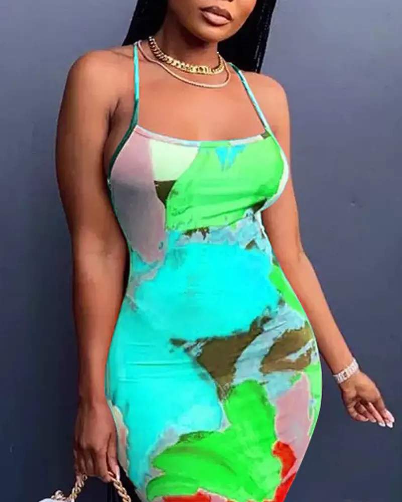 ABSTRACT PRINT CRISSCROSS BACKLESS BODYCON DRESS - Missyess