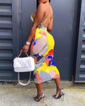 ABSTRACT PRINT CRISSCROSS BACKLESS BODYCON DRESS - Missyess