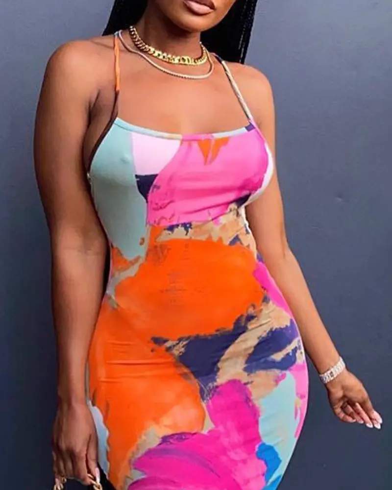 ABSTRACT PRINT CRISSCROSS BACKLESS BODYCON DRESS - Missyess