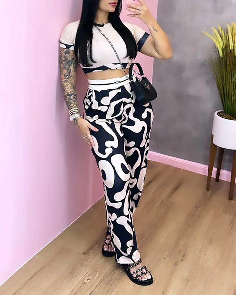 ABSTRACT PRINT CROP TOP POCKET DESIGN PANTS SET - Missyess
