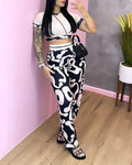 ABSTRACT PRINT CROP TOP POCKET DESIGN PANTS SET - Missyess