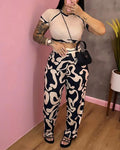 ABSTRACT PRINT CROP TOP POCKET DESIGN PANTS SET - Missyess