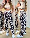 ABSTRACT PRINT CROP TOP POCKET DESIGN PANTS SET - Missyess