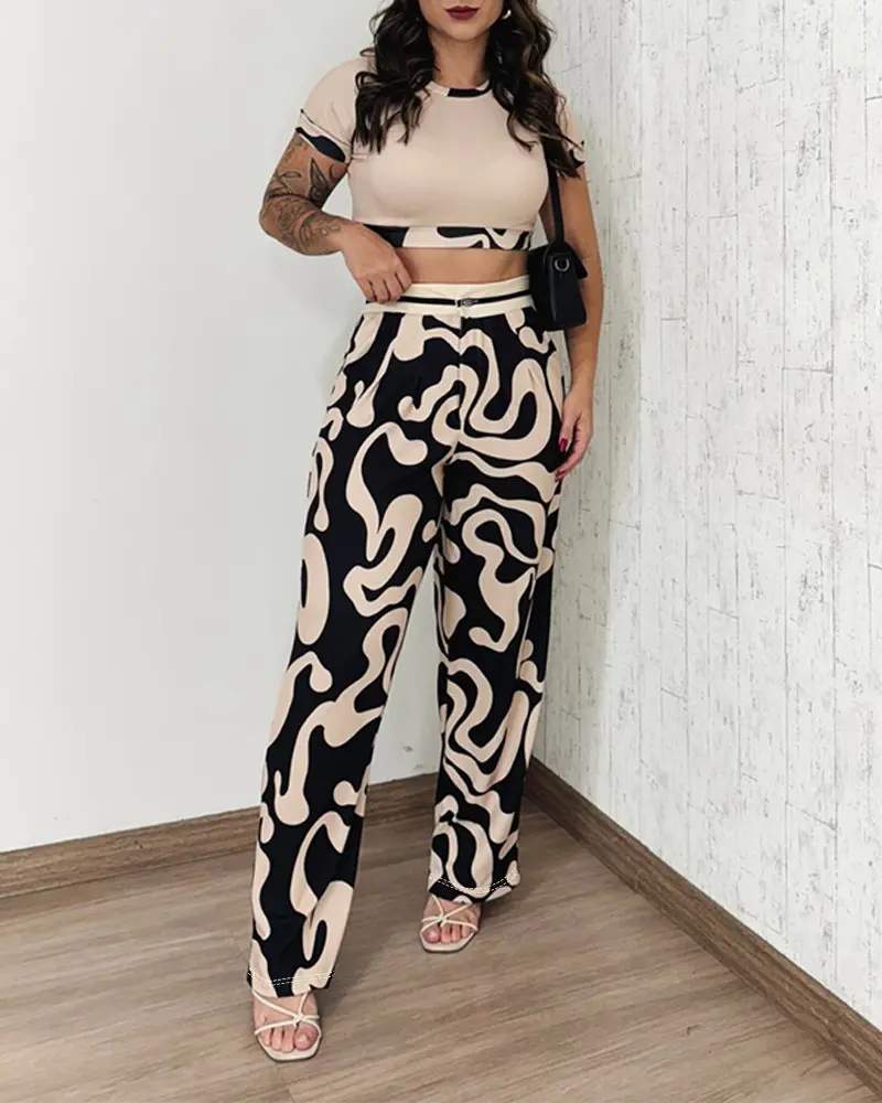 ABSTRACT PRINT CROP TOP POCKET DESIGN PANTS SET - Missyess