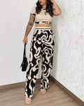 ABSTRACT PRINT CROP TOP POCKET DESIGN PANTS SET - Missyess
