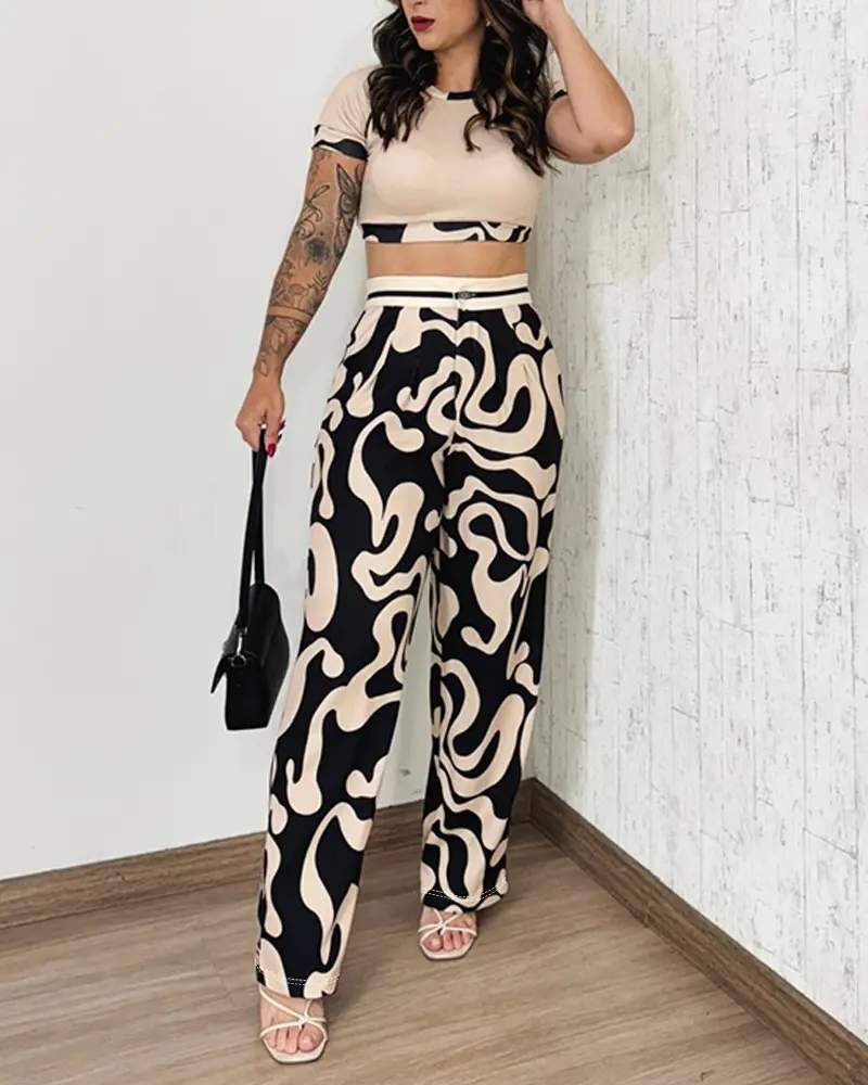 ABSTRACT PRINT CROP TOP POCKET DESIGN PANTS SET - Missyess