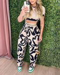 ABSTRACT PRINT CROP TOP POCKET DESIGN PANTS SET - Missyess