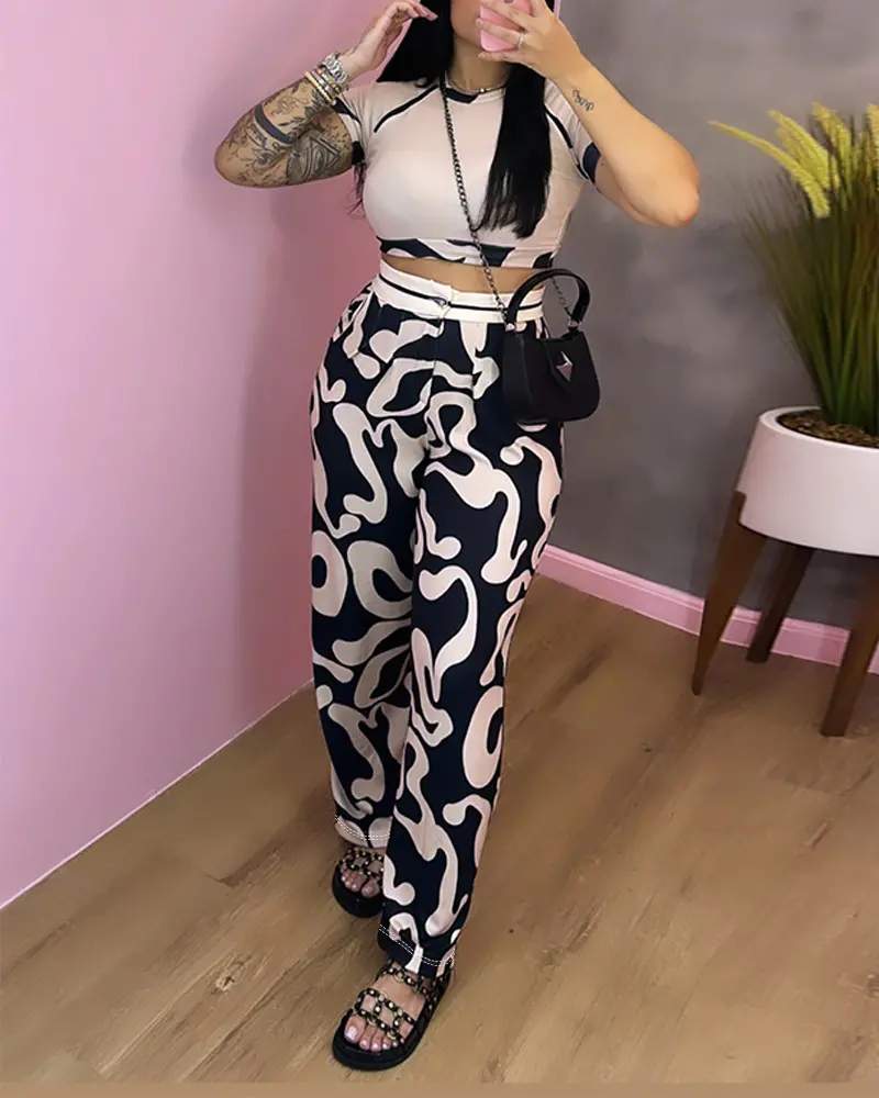 ABSTRACT PRINT CROP TOP POCKET DESIGN PANTS SET - Missyess