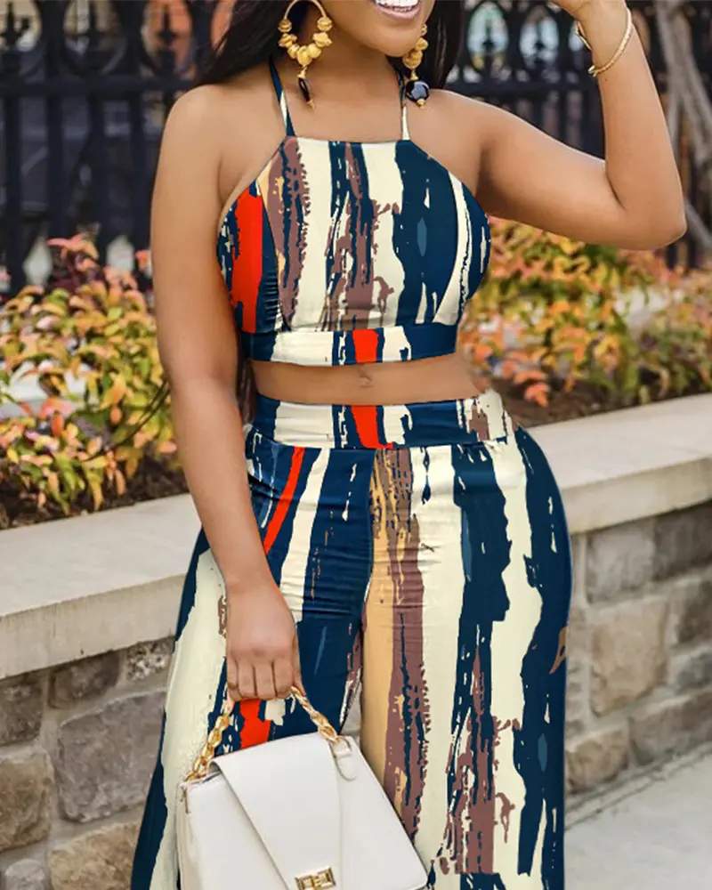 ABSTRACT PRINT CROP TOP WIDE LEG PANTS SET - Missyess