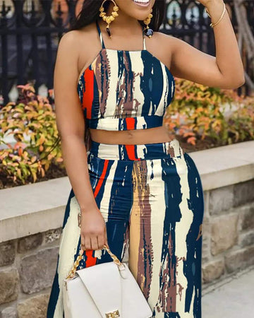ABSTRACT PRINT CROP TOP WIDE LEG PANTS SET - Missyess